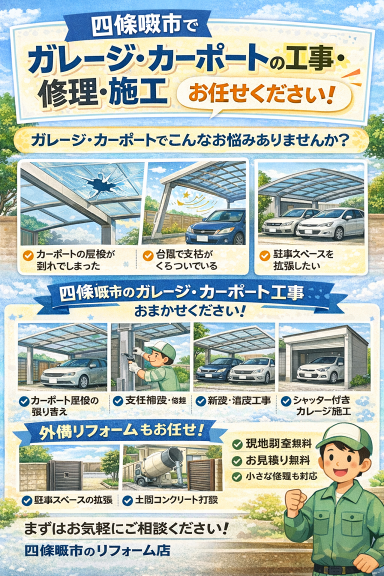 四條畷市でガレージ・カーポートの工事・修理・施工ならお任せください！